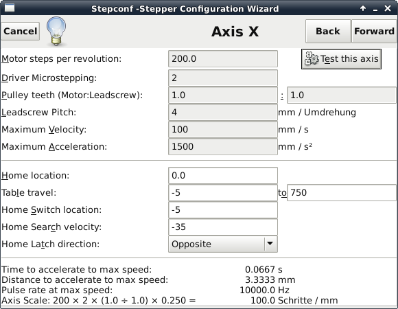 LinuxCNC Schrittmotor Parameter
